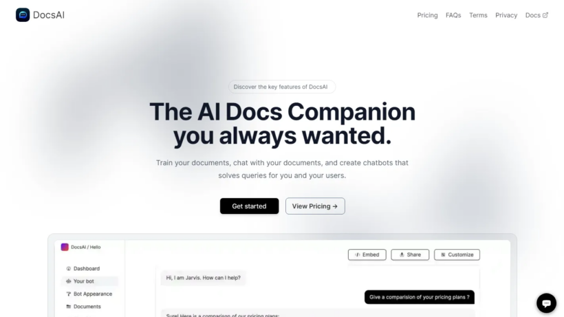 Docs AI智能文档工具：支持文档训练问答、搭建网站AI机器人，可定制品牌界面自带PWA极速访问