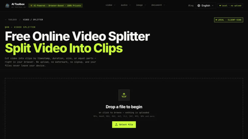 AI Toolbox Video Splitter：免费网页本地视频分割工具，多模式裁切高清视频且保护隐私